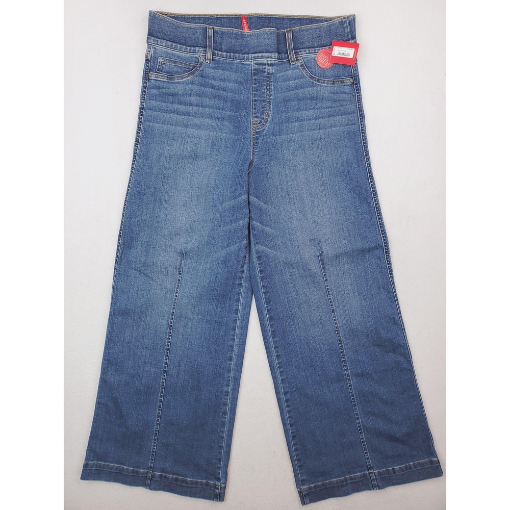 Spanx Jeans Womens 1X Petite Blue Seamed Front Wide Leg Pull On High Rise Y2K